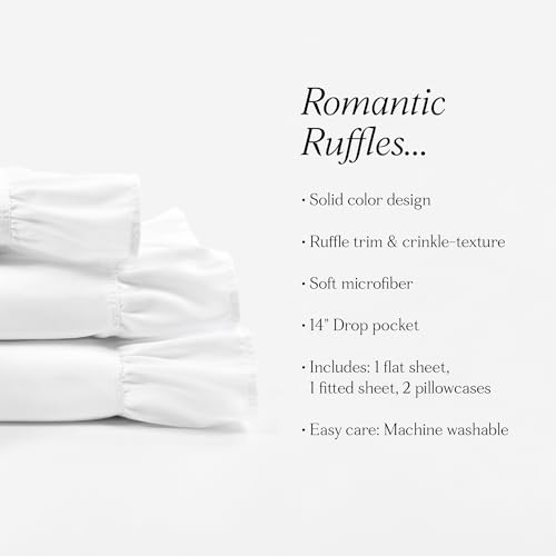 Image of Lush Decor Reyna Ruffle Sheet Set 4 Piece Set Twin, White - Twin Sheets White - Kids Bed Sheets - Twin Size Bed Sheet Set - Coquette Bedroom Decor