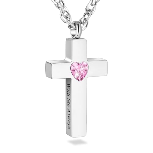 SOITIS Cremation Cross Necklace for Ashes, Cross Urns Silver Pendant Ashes Holder, Stainless Steel Memorial Jewelry with Birthstone - With Me Always