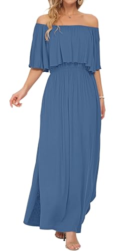 Image of AUSELILY Womens Off Shoulder Ruffle Split Summer Maxi Dresses with Pockets | Off-shoulder Ruffle dress with empire waist & side split for summer beach and casual parties