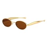 SUNBSR Retro Oval Sunglasses for Women Men 70s Trendy Sardine Sun Glasses Gold Metal Frame Shades UV400 Protection (Gold/Brown)