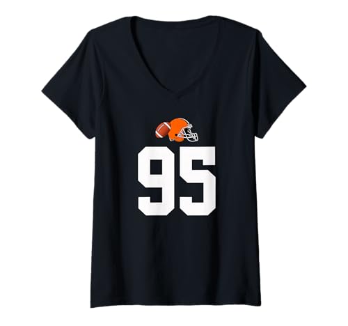 Damen American Football Helm Style Vintage Nummer 95 T-Shirt mit V-Ausschnitt