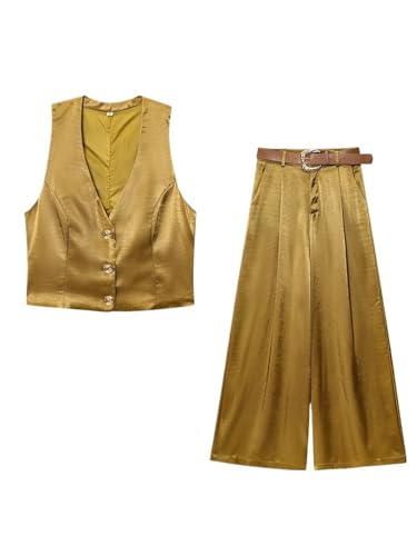 Ensemble femme été 2 pièces en satin pantalon large et gilet chic