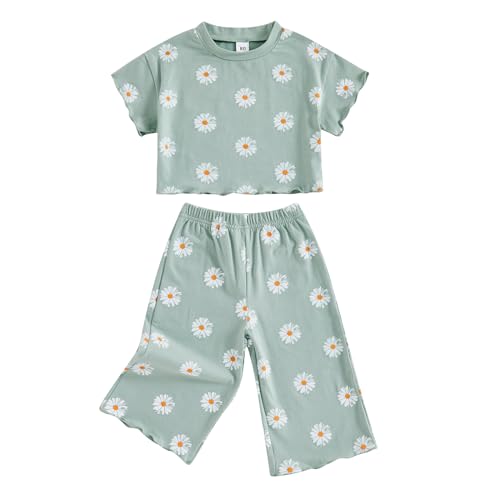 SAYOO Toddler Baby Girls Daisy Clothes Flower Print Batwing Crop Top T-shirt+Wide-Leg Long Pants 2pcs Casual Princess Oufit (Green, 3-4T)