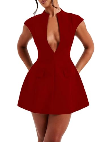 Women's Cap Sleeve Summer Dress Sexy Deep V Neck Mini Zipper A-line Dress Hollow Bodycon Night Out Party Dress4
