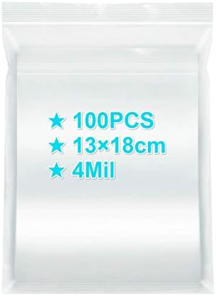 Ziplock Bags 13×18cm, 100PCS, 4 Mil Extra Thick Medium Size Clear Plastic Resealable Bags with Lock Seal Zipper, Storage Pouches Grip Seal Bags for Jewelry Mask Incense Packaging