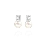 PEARLADA Silver Cubic Zirconia Halo Stud Earrings, Trendy Shell Pearl Earrings for Women, Emerald Cut Diamond Earrings, Dainty Wedding Jewelry