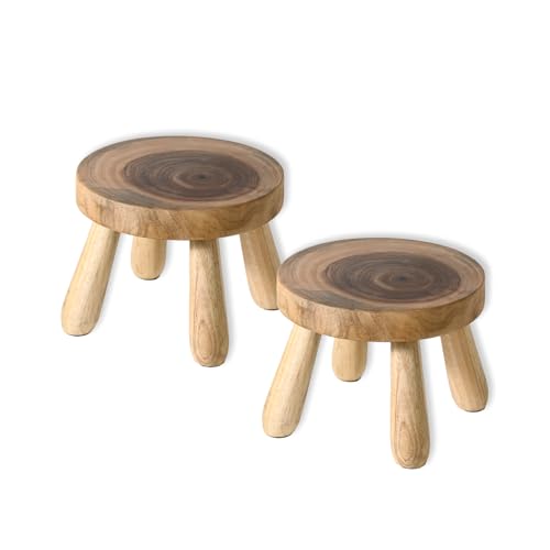 ABBI NIMO 7 Inch Small Short Solid Wood Step Stool 2 Pack, Natural Growth Ring Wood for Adults, Kids and Toddlers, Simple Minimalist Riser for Plants...
