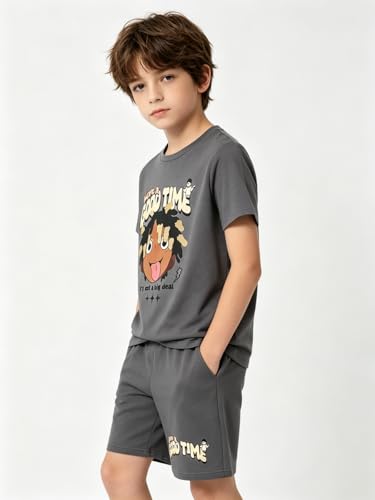 Image of Size 6-12 Years Boys Summer Outfits Set Kids Short Sleeve Top T-Shirt & Shorts Color Block Clothing Sets