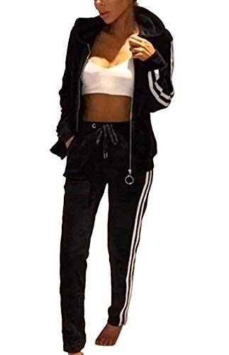 TOP-MAX Women's Velour Stripe Jogging Zipped Hoodie, Fashion Sport Suit, Hoodie and Pants Sports Suits Tracksuits Black