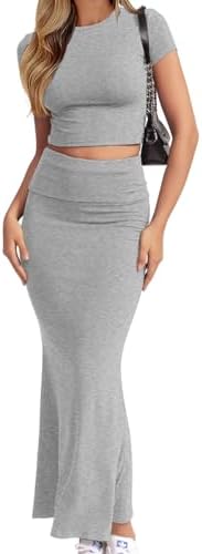 CHYRII Womens Two Piece Sets Short Sleeve Crewneck Cropped Top Bodycon Fold Over Maxi Skirt Maxi Dress Outfits