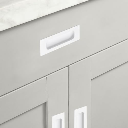Image of MOROBOR 4 PCS Recessed Cabinet Handles, Warm White Stainless Steel Rectangular Knob with Screws Exposed Installation Embedded Pull Handle for Wardrobe Drawer Flush Sliding Door