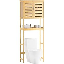 SMIBUY Bathroom Over The Toilet Storage Cabinet, 2 Door Bamboo Cabinet Organizer, Freestanding Space Saver Toilet Rack with Adjustable Inside Shelf and Open Shelf (Natural)