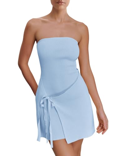 Image of Wenrine Womens Sexy Tube Top Dress Strapless Self Tie Wrap Asymmetrical Hem Knit Summer Party Mini Dresses