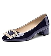 WAYDERNS Women's Slip On Square Toe Metal Buckle Patent Chunky Low Heel Pumps Shoes 1.5 Inch