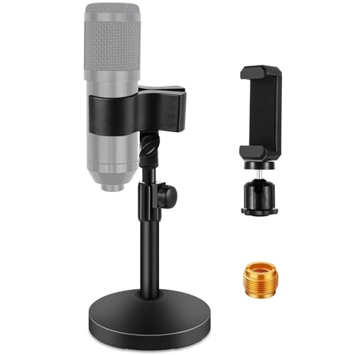 BILIONE Versatile Desktop Microphone Stand, Adjustable Table Mic Stand with Large Microphone Clip, Cell Phone Clip, 5/8 Male to 3/8 Female Metal Adapter