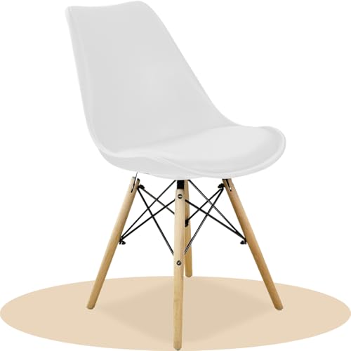 Dekohome Sillas de Comedor, Sillas de Cocina Minimalistas con Respaldo Ergonómico, Asiento Acolchado Tapizado y Patas de Madera Maciza, Blanco, 1 Unidad