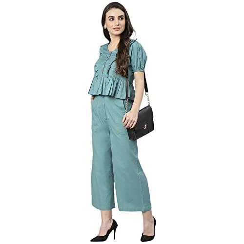 Image of DEEBACO Women's Solid Calf Length Top with Trouser|V-Neck|Short Sleeve|Cord Set for Women Cotton|Jumpsuits Western Dress for Women Stylish|Two Piece Co ord Set|Party Casual Wear(Aqua Blue)
