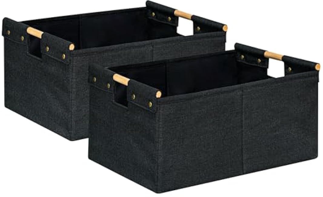 2 Pack Rectanglar Storage Basket ,Cotton Linen Fabric Collapsible Storage Bin with Wooden Handles Large Gift Basket for Closet Bookshelves Cabinets Clothes Organizer for Home Office (Black)
