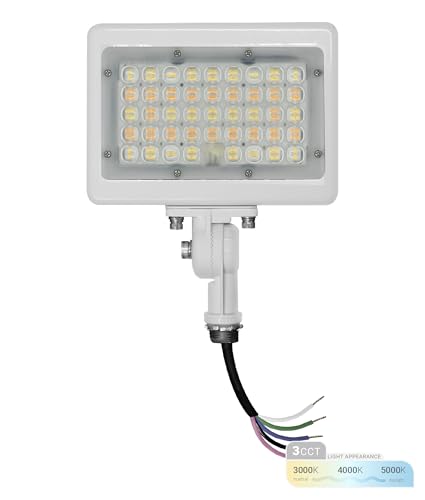 NUWATT 50W LED Flood Light 3CCT 3000K/4000K/5000K Selectable IP65 Waterproof Lighting Adjustable Knuckle Mount 7050LM 0-10V Dimmable 120-277V Outdoor Security Floodlight for Yard White UL