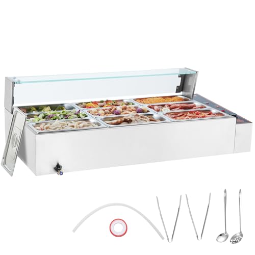 VEVOR kommerzieller Speisenwärmer mit 9 Behältern (je 5 Qt / 1/3 Größe), elektrischer Dampftisch mit Glasabdeckung, 1500 W Arbeitsplatte aus Edelstahl, Buffet-Bain-Marie, 30–85 °C Temperaturregelung