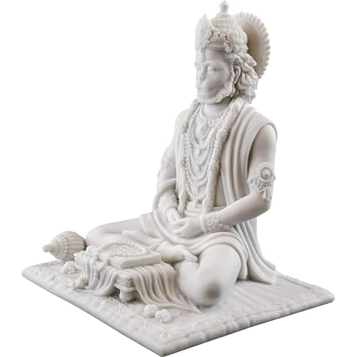 Image of Karigaari India White Marble Finish Hanuman Idol Sitting in Meditation Pose | Bajrangbali Murti for Home Temple Office Car Dashboard | Decorative Spiritual Figurine for Puja & Gifting