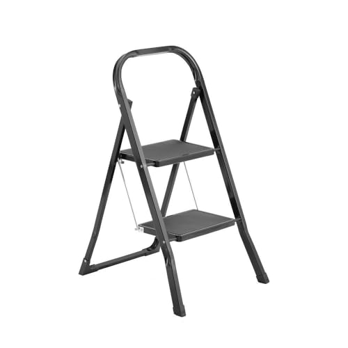 LOLAhome - Escalera Plegable de 2 peldaños Antideslizantes de Acero Color Negro. Soporta 150 kg. Medidas Abierta: 46x55x82 cm. Medidas plegada: 45x4x90 cm. Cumple normativa EN14183
