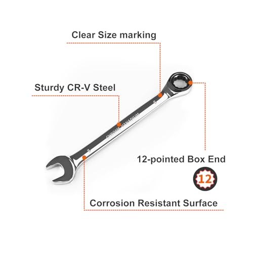 Image of Egofine 8mm Ratcheting Combination Wrench Metric, Industrial Grade Gear Spanner with 12-Point Design, 72-Tooth Ratchet, Chrome Vanadium Steel (Pack of 2)