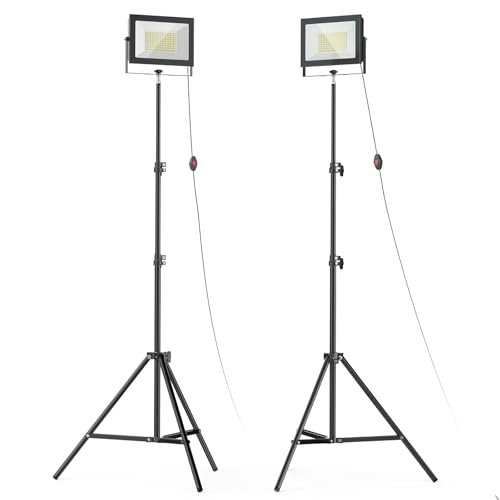LIVOWALNY Lot de 2 projecteurs LED avec trépied – 100 W, 11 000 lumens, étanche IP65, tête réglable – Lampe de travail portable pour extérieur, camping et atelier (2 pièces)