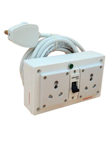 Image of INDRICO 16A Electric Multi Outlet Extension Board Box with MCB for Heavy Duty PVC White Pack of 1 (1.5 MM 2000 Watts, 2 Meter Cable)
