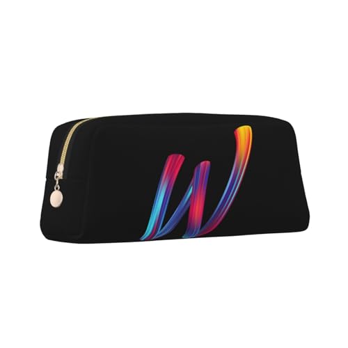 Image of Cute Initial Pencil Case for Kids Simple Leather Pencil Pouch for Boys Girls Letter Design Pencil Box Pen Bag Pencil Pouch Office Stationery Organizer, Rainbow Letter W