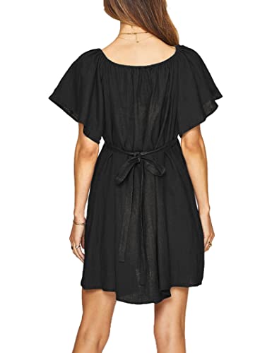 Kojooin Maternity Dress Womens Summer Babydoll V Neck Ruffle Sleeves Multi-Way Straps Elasticated Neckline Casual Sun Swing Flowy Cute Mini Dresses For Women 2023 Flared Skirt Tunic Black Large #TOP1