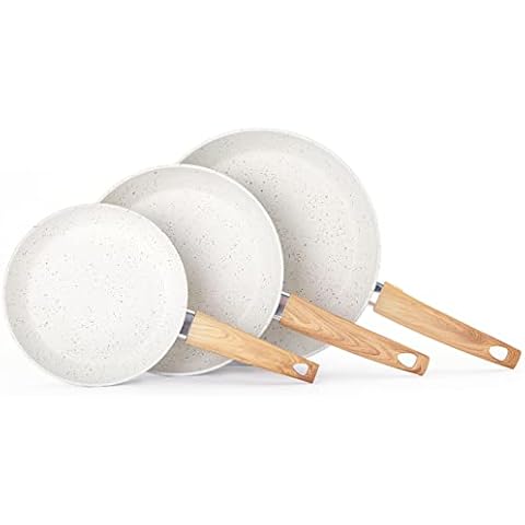 vkoocy Antihaft-Bratpfannen-Set, 20,3 cm, 24,1 cm, 27,9 cm, Antihaft-Pfannen-Set, Induktion, Kochgeschirr, Granit, Stein, Kochpfanne, weißes Küchenpfannenset Cover