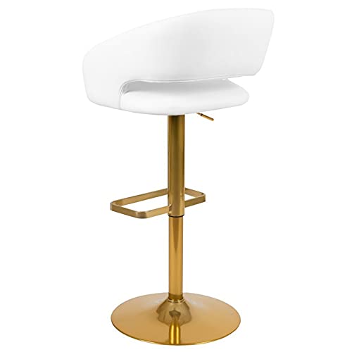 Flash Furniture Erik Comfortable & Stylish Contemporary Barstool With Rounded Mid-Back And Foot Rest, Adjustable Height - White Vinyl With Gold Base #TOP4
