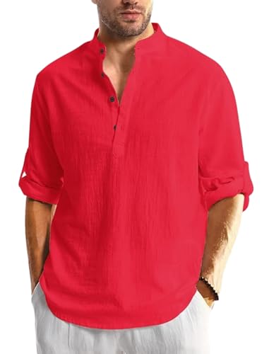 Image of Men's Cotton Blend Straight Kurta Shirt with Mandarin Collar - Slim Fit Casual Short Kurti Featuring Textured Slub Fabric and Roll-Up Full Sleeves
