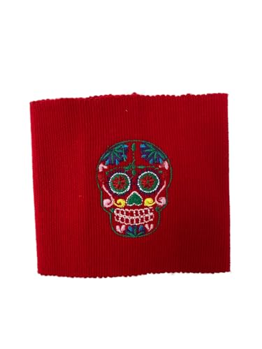 Mexican Traditional Sugar Skull Embroidered Kids Belt, Red multicolored embroidery4