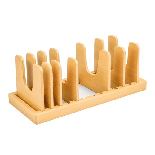 Premium Bamboo Pot Lid and Pan Organizer Rack for Kitchen Cabinets & Drawers – Adjustable Expandable Cookware Divider for Heavy Cast Iron, Baking Sheets & Plates – Scratch-Free Moisture-Resistant Wood