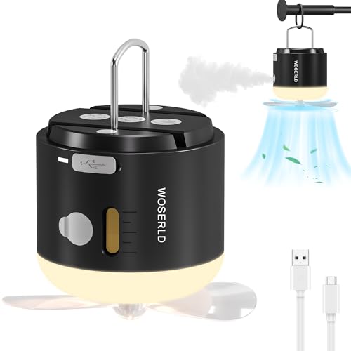 WOSERLD Portable LED Camping Lights Fan Cooling & Moisturizing Spray Tent Lights for Camping SOS Lights, Mini Misting Fan 1200mAh Rechargeable Battery Can be Used for Outdoor Camping, Hiking, Awning