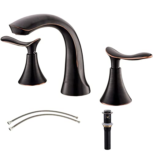 Comllen 3 Hole Oil Rubbed Bronze Bathroom Faucet, Antique Widespread 2 Handle Solid Brass 8 Inch Bronze Bathroom Sink Faucet Set with Water Hoses and Pop-up Drain