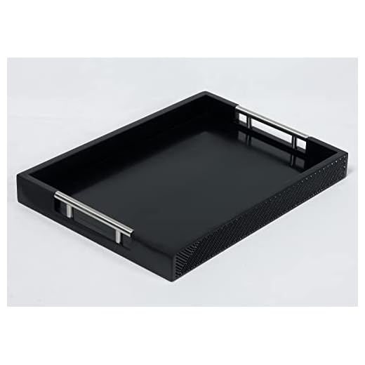 Serving Tray with Polished Metal Handles, 16''x12'' Rectangle Coffee Table Tray, Modern Decorative Tray, Large Ottoman Tray, Perfect for Storage and Display (Black)
