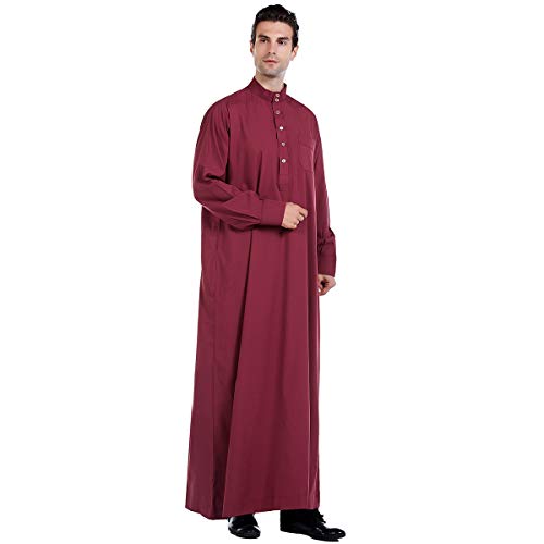 Muslim Men Full Sleeve Thobe with Side Pockets Solid Stand Collar Middle East Saudi Arab Long Robe2