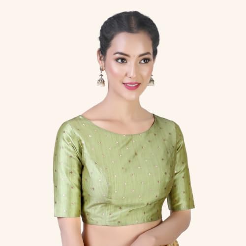 Image of Studio Shringaar Women Cotton Silk Silky Brocade Readymade Elbow Length Sleeves Saree Blouse Choli