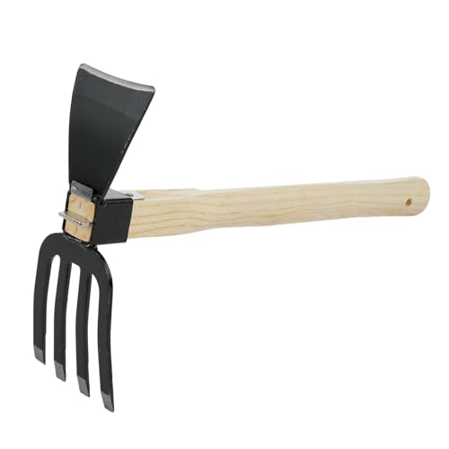 Dual-Purpose Hoe With Short Wooden Handle, Handheld Garden 2 in 1 Rake and Hoe, Great for Loosening or Weeding Soil