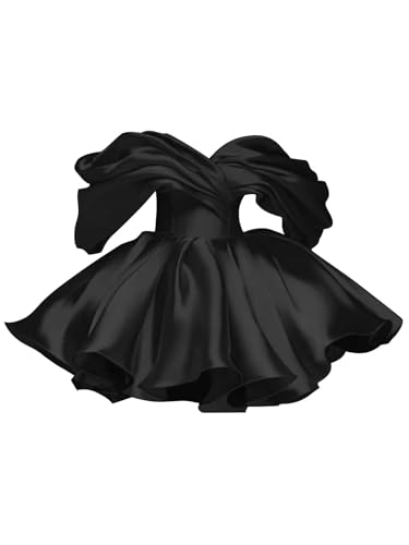 Off Shoulder Satin Homecoming Dresses for Teens A Line Ruffles Short Prom Dress Puffy Cocktail Party Gown with Pockets