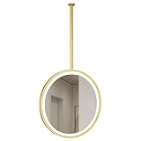 DTUcacochymic Runder Deckenspiegel mit goldenem Metallrahmen, LED-Badezimmerspiegel mit Hängestange für den Schminktisch, großer runder dekorativer Spiegel mit 3 dimmbaren Lichtern (Durchmesser