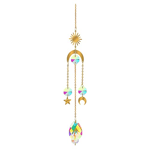 Colorful Crystal Pendant Window Glass Pendants Prism Hanging Ornaments, Moon Suncatcher Rainbow Maker with Beads Chain for Home, Garden, Office Decoration (B)