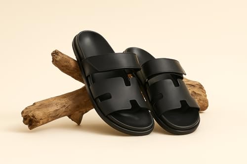 Image of Men Genuine Leather Slippers | Handcrafted Luxury Slides with Cushioned Sole & Anti-Slip Grip | Stylish Indoor Outdoor Footwear (BK)-(Series)-403