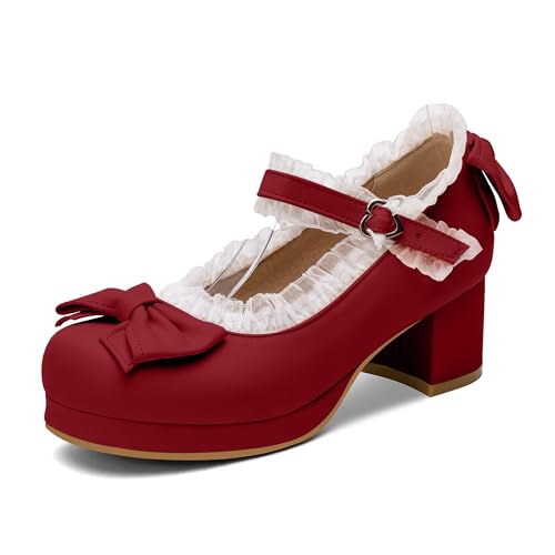 100FIXEO Womens Platform Mary Jane Shoes Ankle Strap Kawaii Block Mid Thick Heel Pumps with Bow and Lace