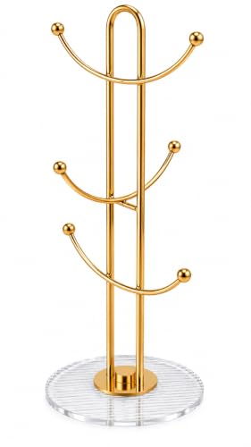 Image of 6 Hook Cup Holder Stand for Kitchen Counter | Metal Cup & Coffee Mug Tree with Acrylic Base | Freestanding Mug Organizer & Hanger Rack | Gold Finish | 6 Cups | 30 x 15 cm