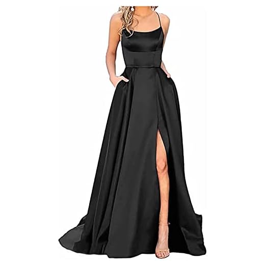 Robe Longue Femme en Satin élégante Dos Nu Fendue Spaghetti Sangle Couleur Unie Swing pour Bal Mariage Cocktail Robe de Soirée Longue Mariage Party Dress (Noir,XS)
