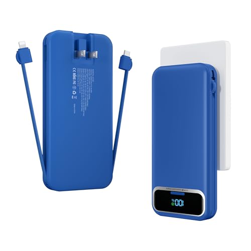 12000mAh Lightweight-Portable-Charger-Power-Bank with Built-in Cables and AC Wall Plug, PD20W USB-C Fast Charging Battery Pack, LED Display External Travel Phone Charger for All iPhone,Samsung,Android